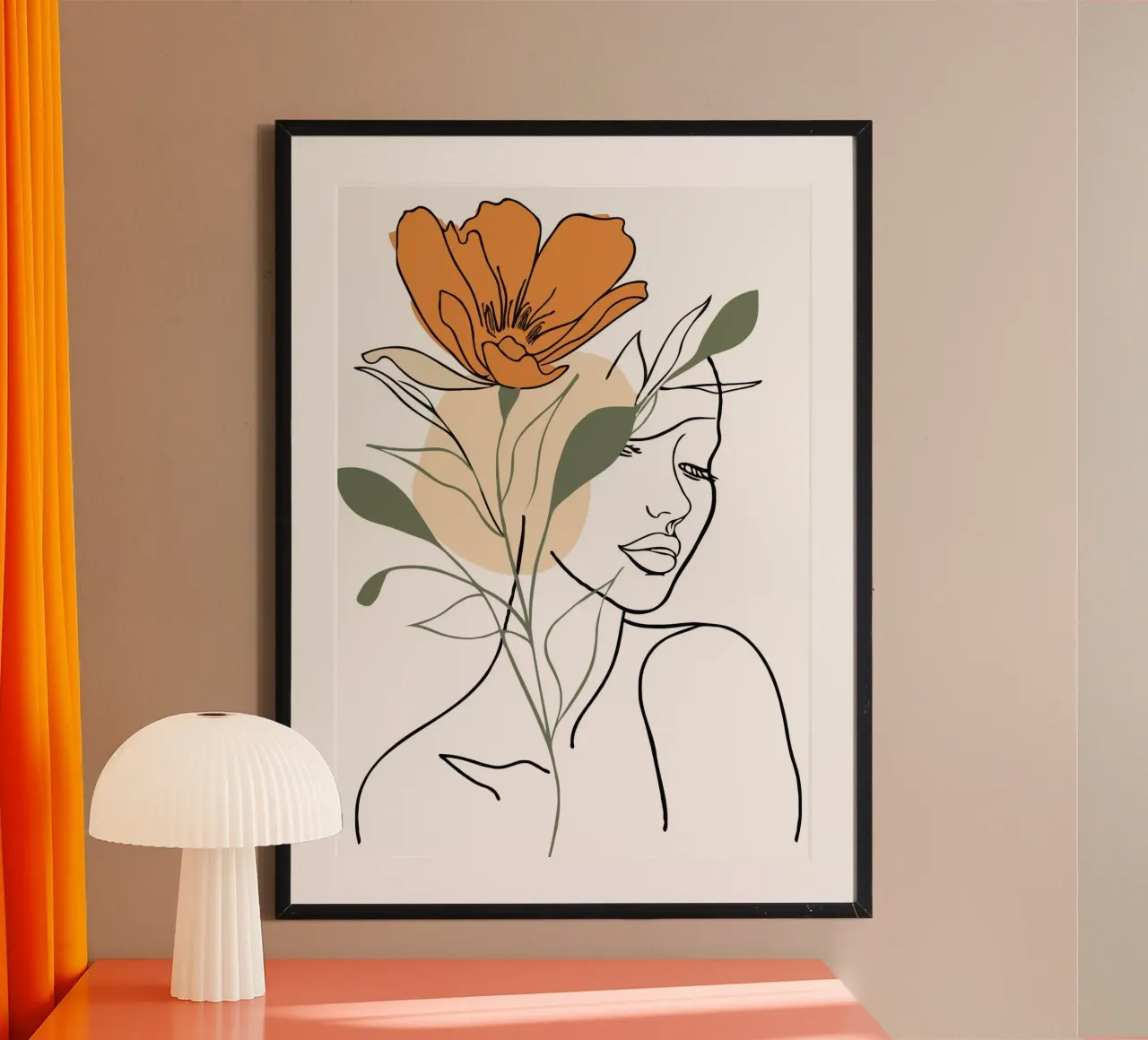 Serene face intertwined with a large orange flower carta hahnemühle da LisaArtes