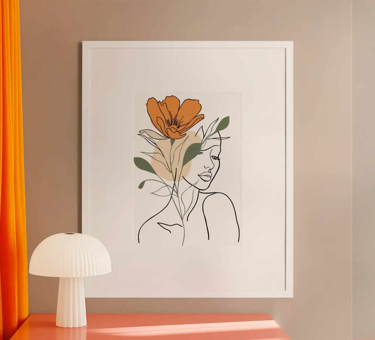 Serene face intertwined with a large orange flower carta hahnemühle da LisaArtes