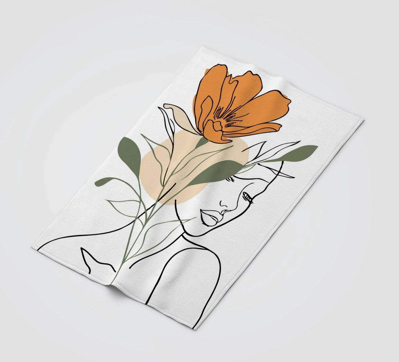 Serene face intertwined with a large orange flower coperta in pile da LisaArtes