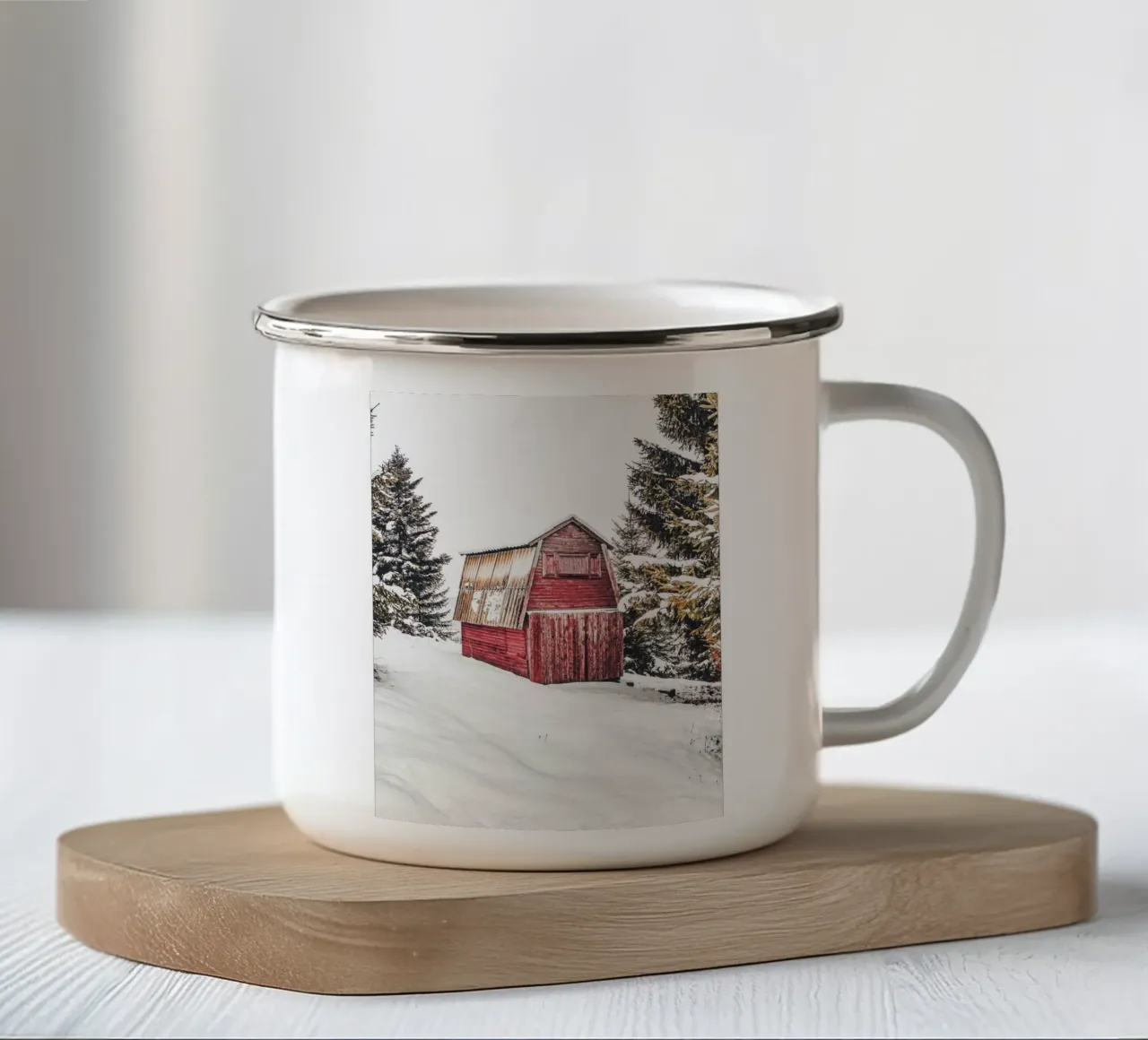 Red barn in the snow - Winter landscape motif enamel mug by Whole©