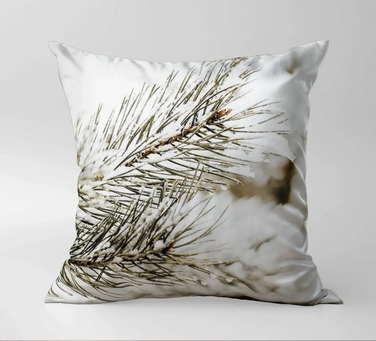 Snowy fir branch - Winter nature photography decorative cushion by Whole©