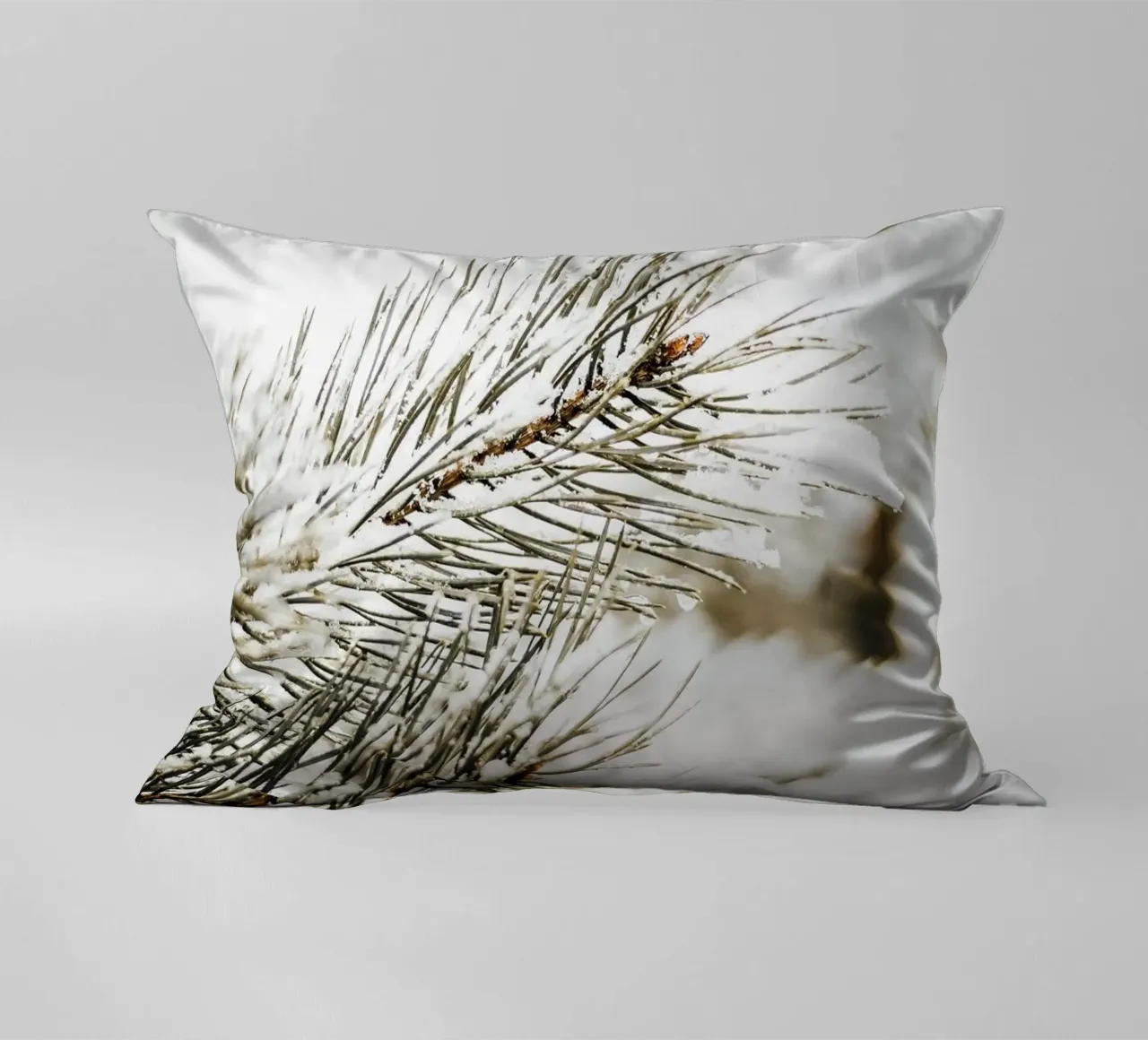 Snowy fir branch - Winter nature photography decorative cushion by Whole©