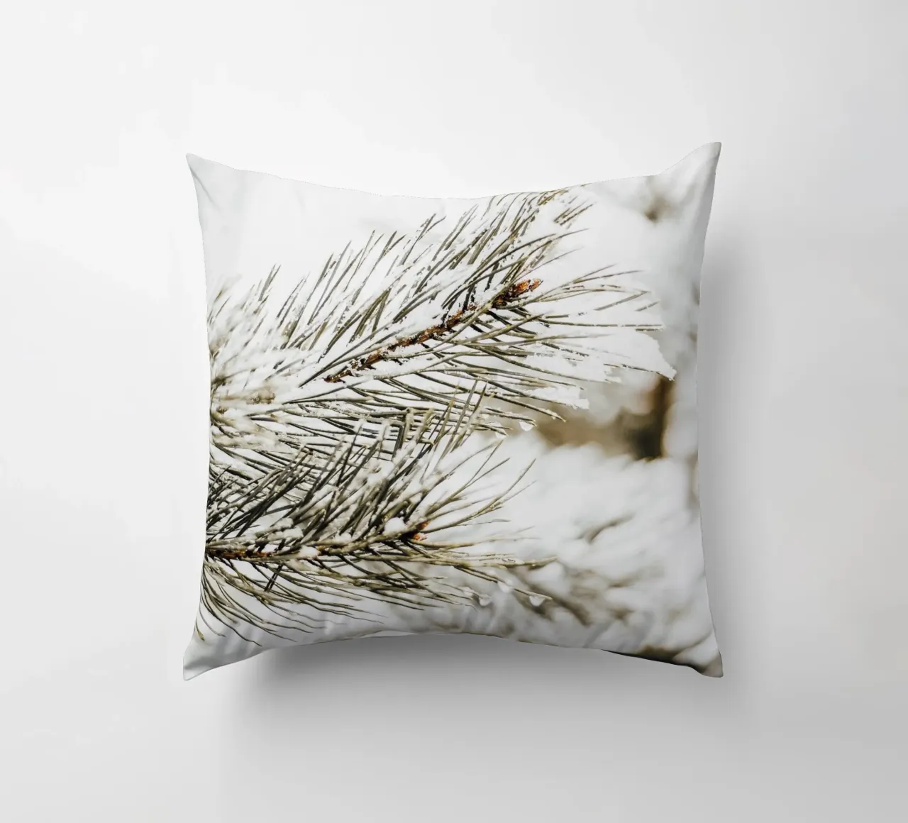 Snowy fir branch - Winter nature photography decorative cushion by Whole©