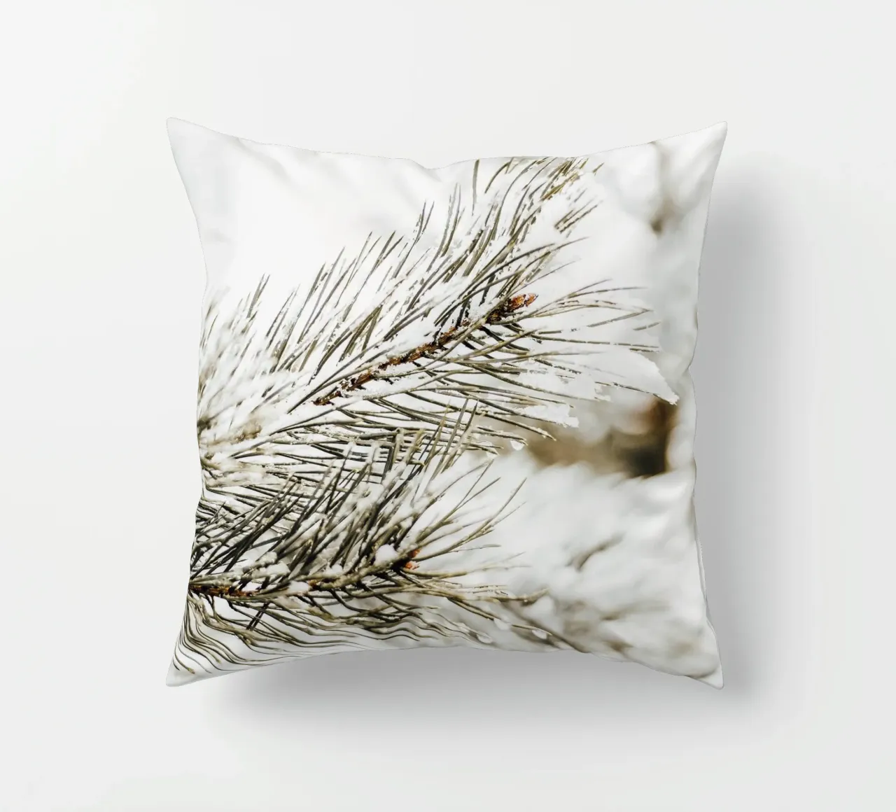 Snowy fir branch - Winter nature photography decorative cushion by Whole©