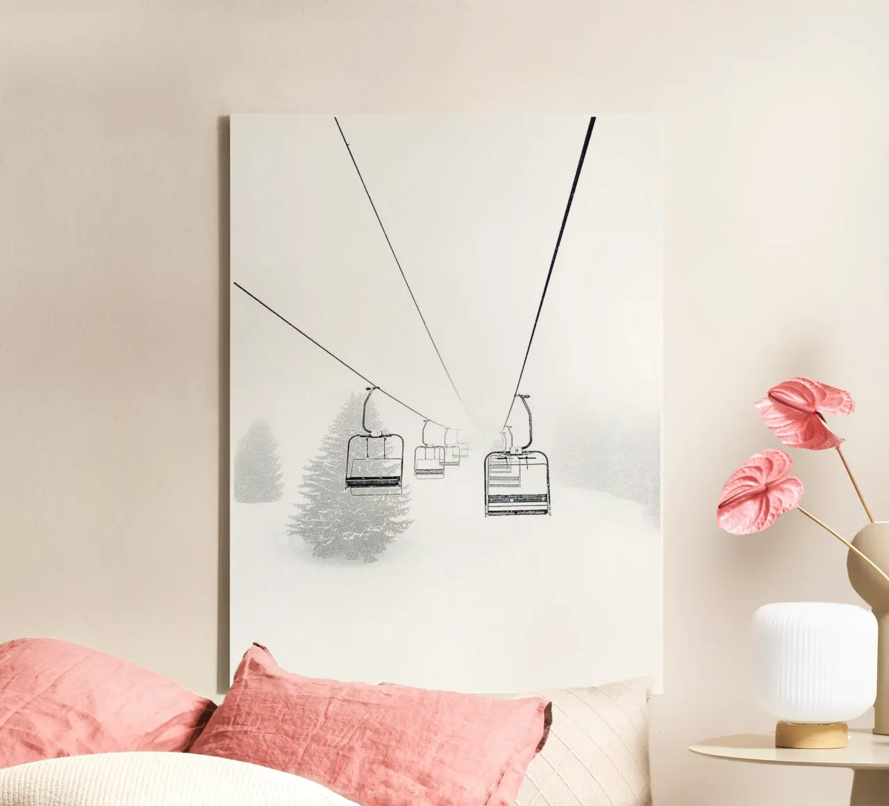 Skilift in de winter - Minimalistisch sneeuwmotief canvas met Baklijst van Whole©