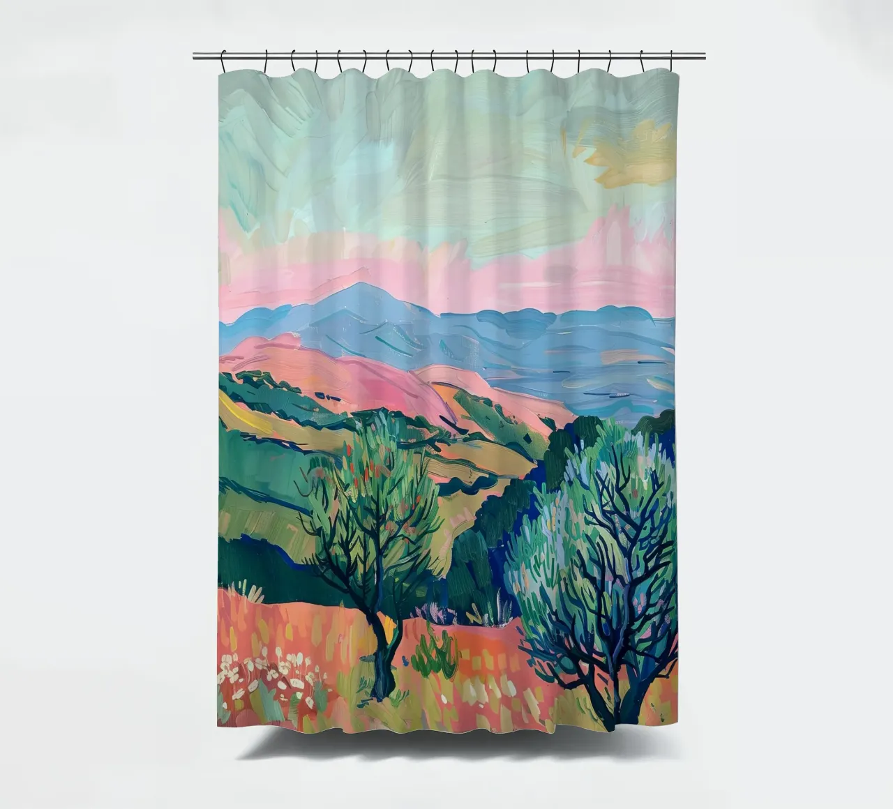 Whispers of light over the hills shower curtain by Nikis Art Studio