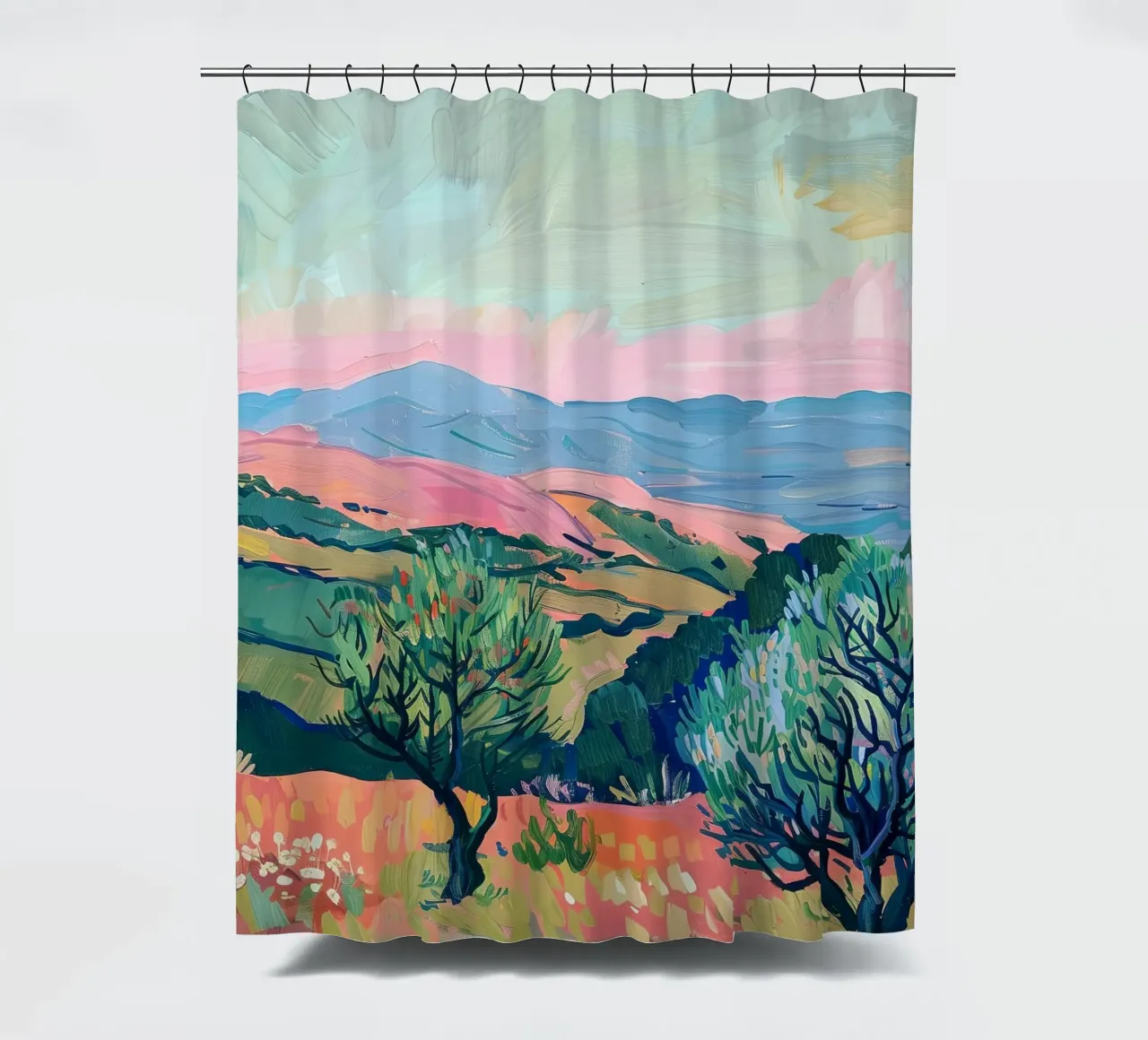 Whispers of light over the hills shower curtain by Nikis Art Studio