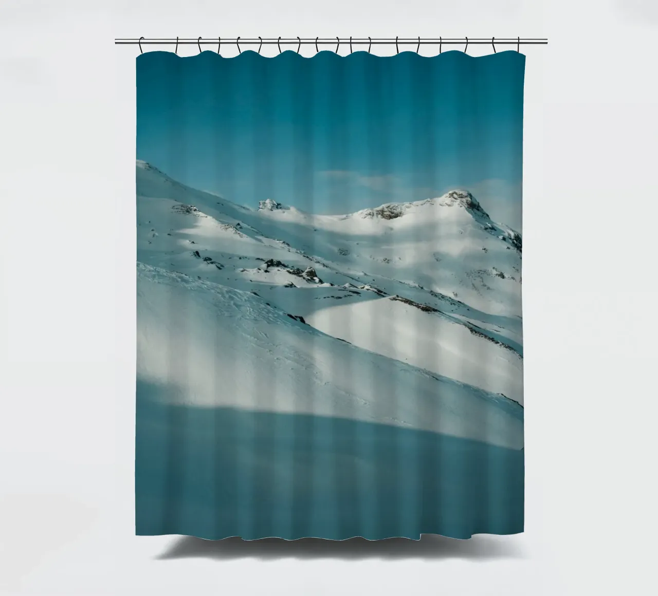 Blue Alps shower curtain by Sebastian Hilgetag
