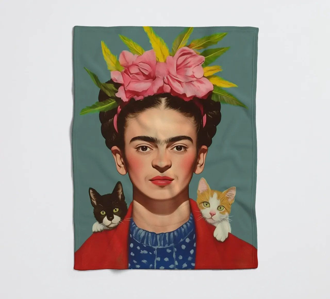 Frida con i suoi piccoli gatti coperta in pile da Carinaprint