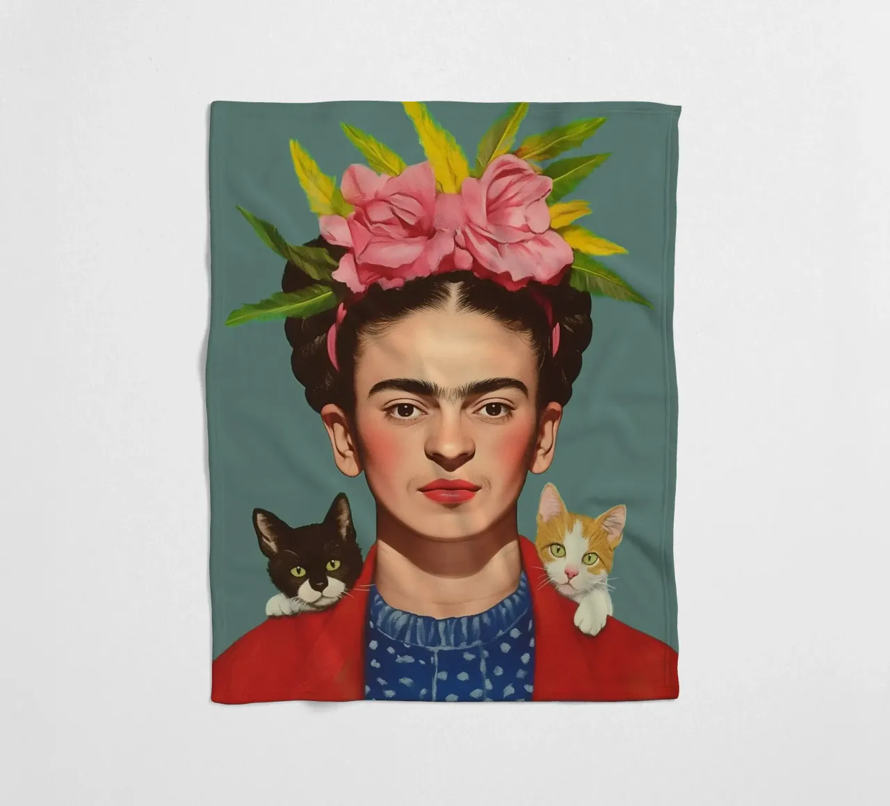 Frida con i suoi piccoli gatti coperta in pile da Carinaprint