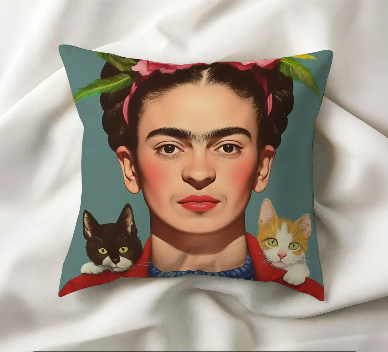 Frida con i suoi piccoli gatti cuscino da Carinaprint