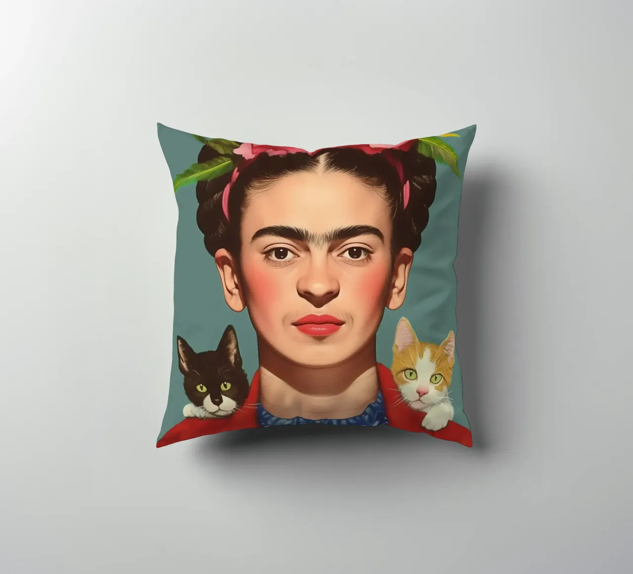 Frida con i suoi piccoli gatti cuscino da Carinaprint