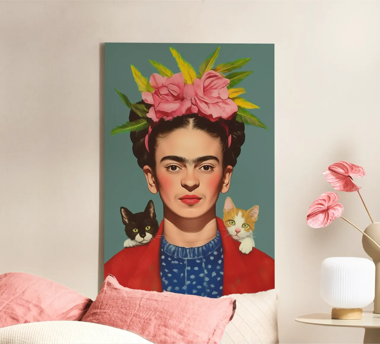 Frida con i suoi piccoli gatti tela con Cornice a cassetta da Carinaprint