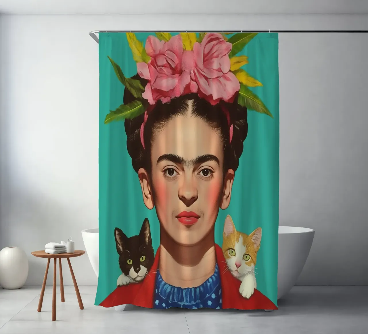 Frida avec d'adorables bébés chats rideau de douche de Carinaprint