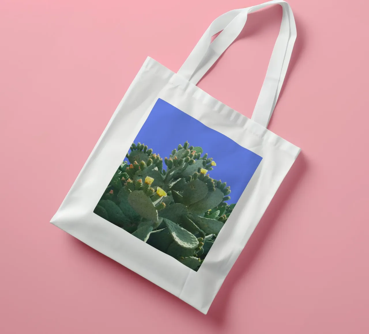 Cactus con fiori su sfondo blu borsa in juta da Lisa Jureczko Arts Illustration