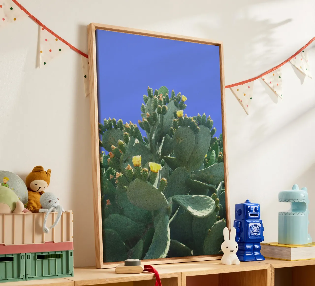 Cactus with flowers against a blue background canvas by Lisa Jureczko Arts Illustration