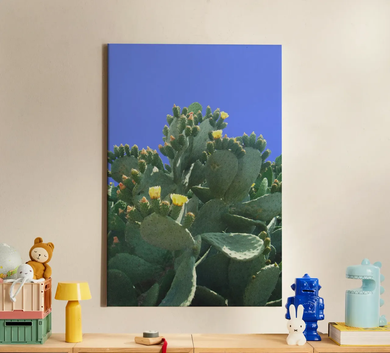 Cactus with flowers against a blue background canvas by Lisa Jureczko Arts Illustration