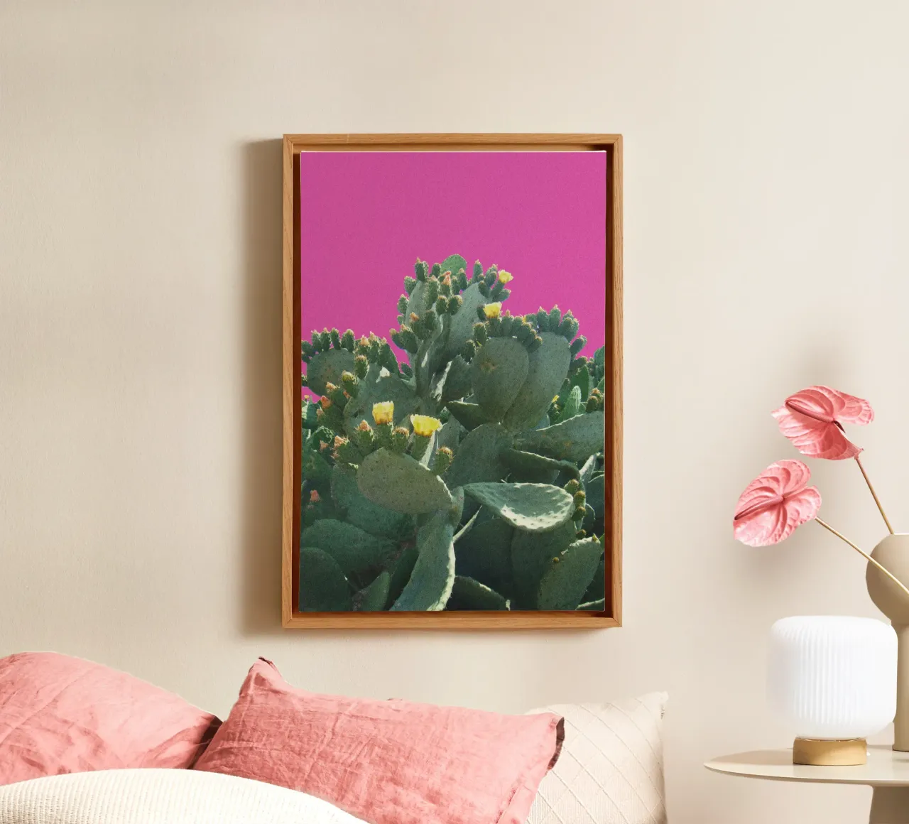 Cactus with flowers against a pink background canvas by Lisa Jureczko Arts Illustration