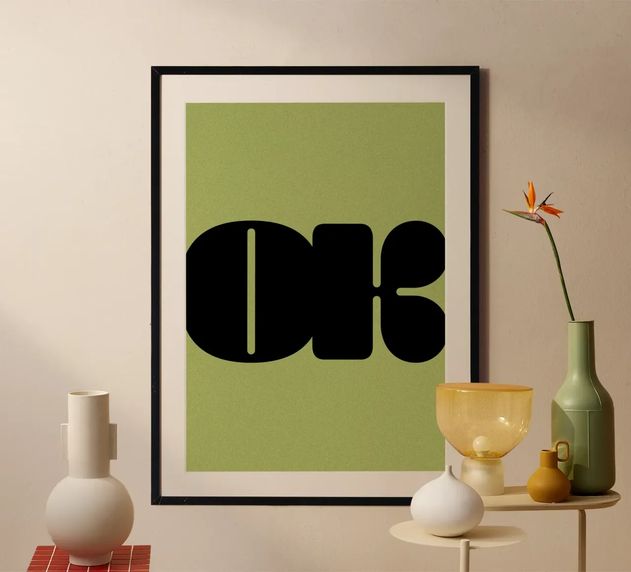 OK Retro Style Slogan on poison green Background poster with plastic frame by Lisa Jureczko Arts Illustration