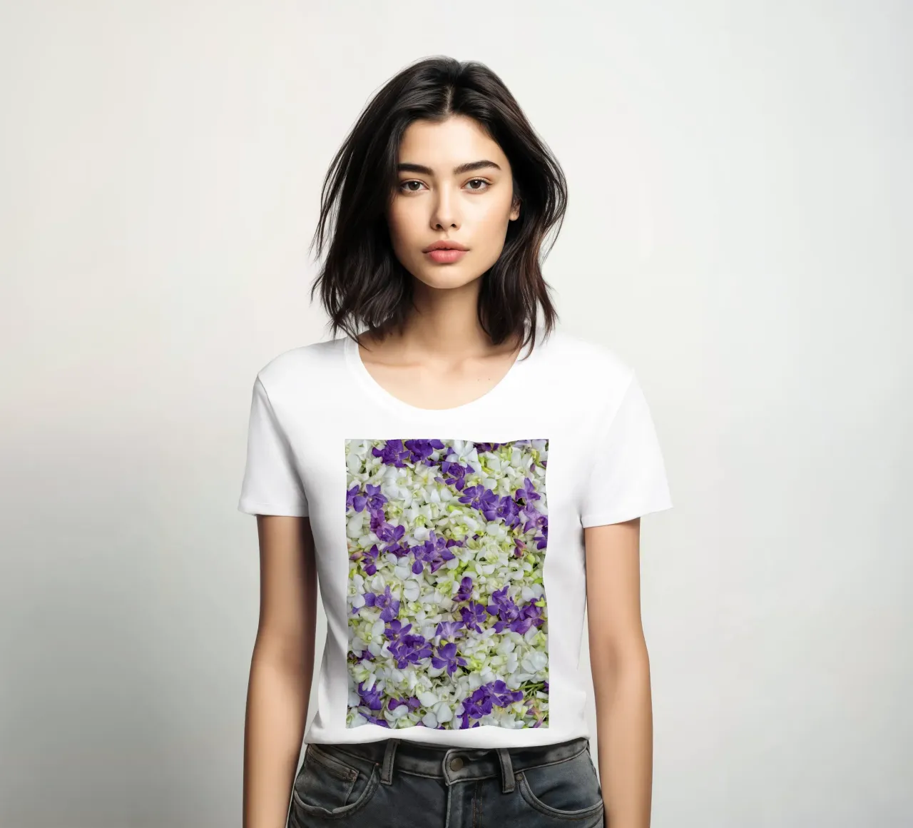Un tocco di eleganza: Letto di orchidee bianche e viola t-shirt da donna da Curious Collections by Marielle Leenders