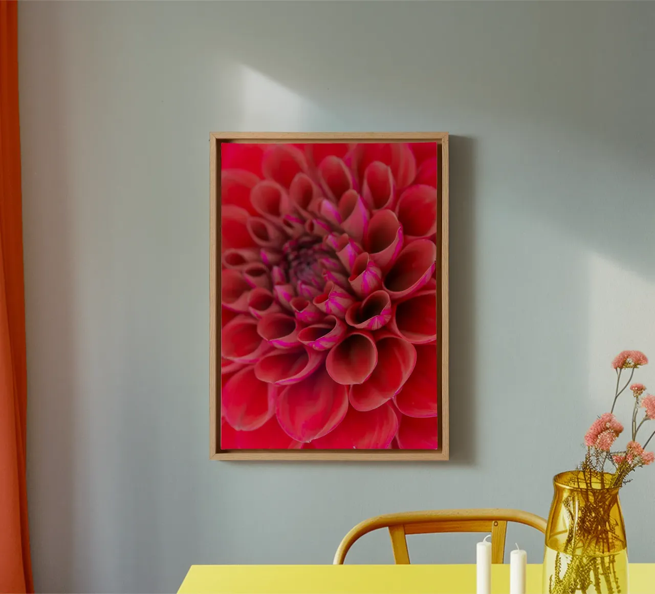 Vivid Elegance: Close-Up of a Red Dahlia canvas with Floater frame by Curious Collections by Marielle Leenders