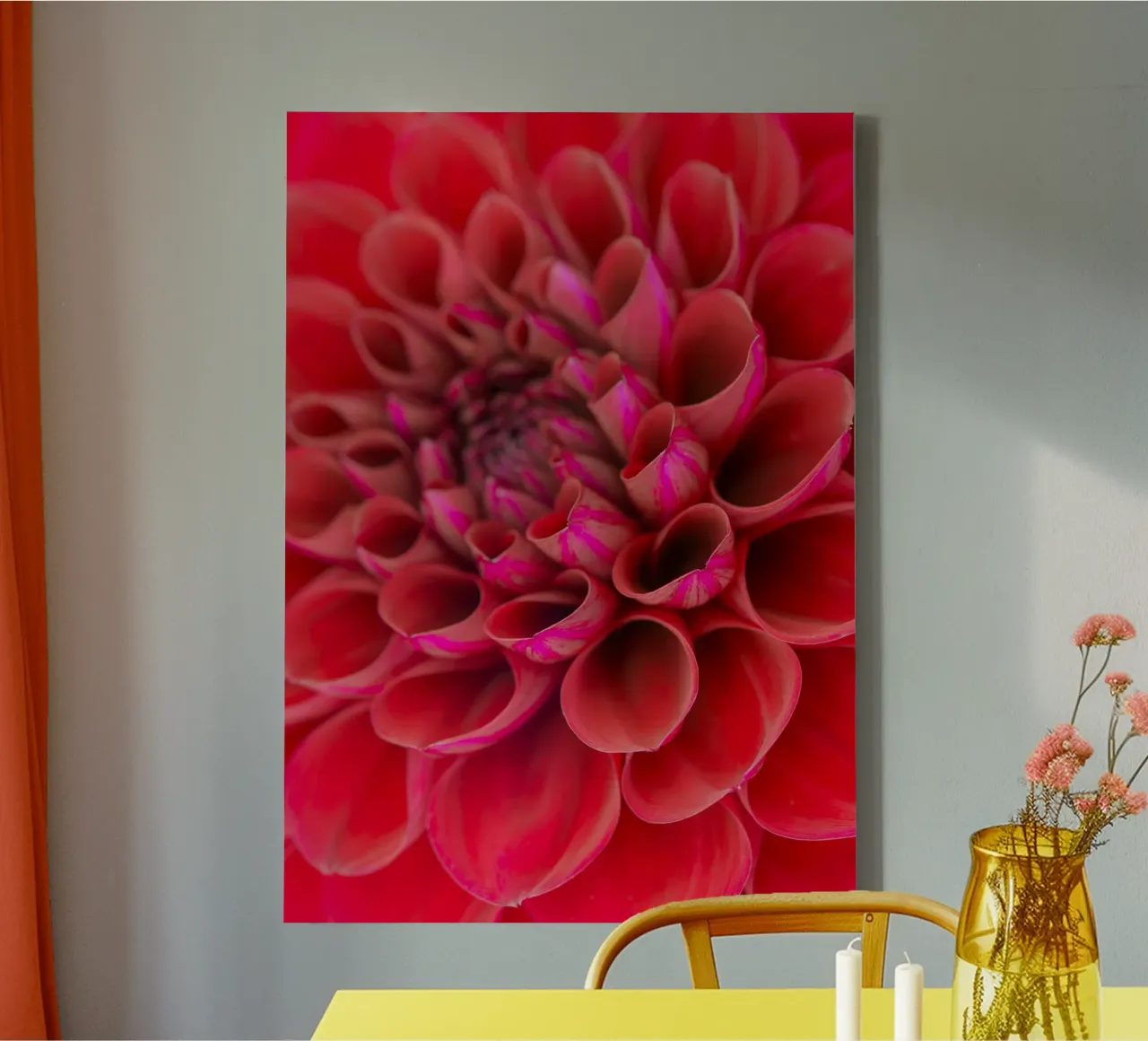 Vivid Elegance: Close-Up of a Red Dahlia canvas with Floater frame by Curious Collections by Marielle Leenders