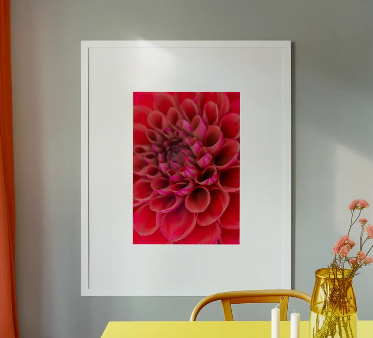 Vivid Elegance: Close-Up of a Red Dahlia poster with aluminum frame by Curious Collections by Marielle Leenders