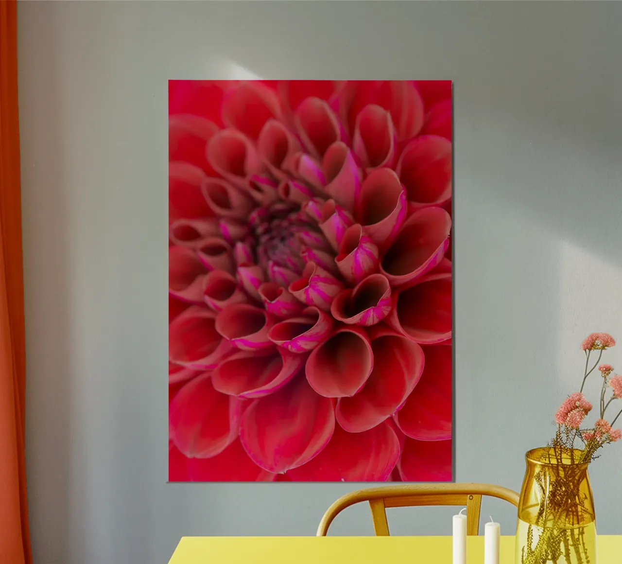 Vivid Elegance: Close-Up of a Red Dahlia poster with aluminum frame by Curious Collections by Marielle Leenders