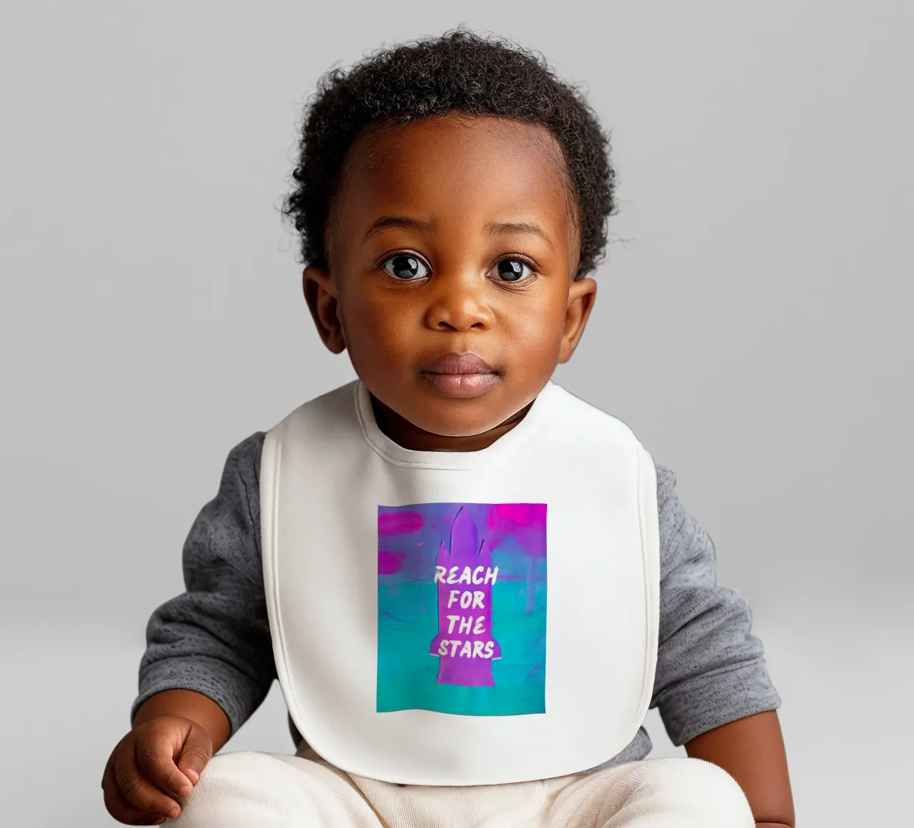 REACH FOR THE STARS Colorful Space Shuttle Print baby bib by FABOArt