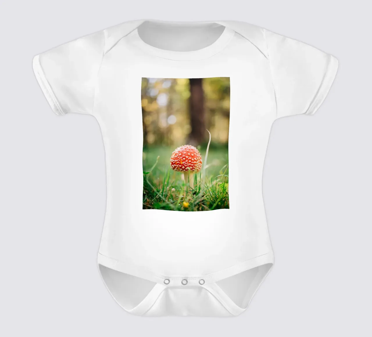 Fly agaric in the forest - mushroom photography in autumn short-sleeve baby romper by Bold and Retro