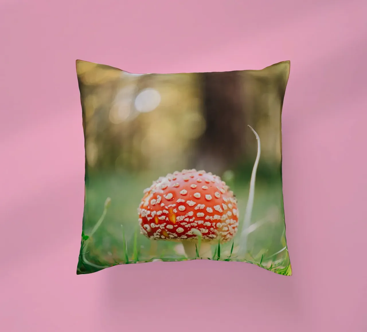 Fly agaric in the forest - mushroom photography in autumn decorative cushion by Bold and Retro