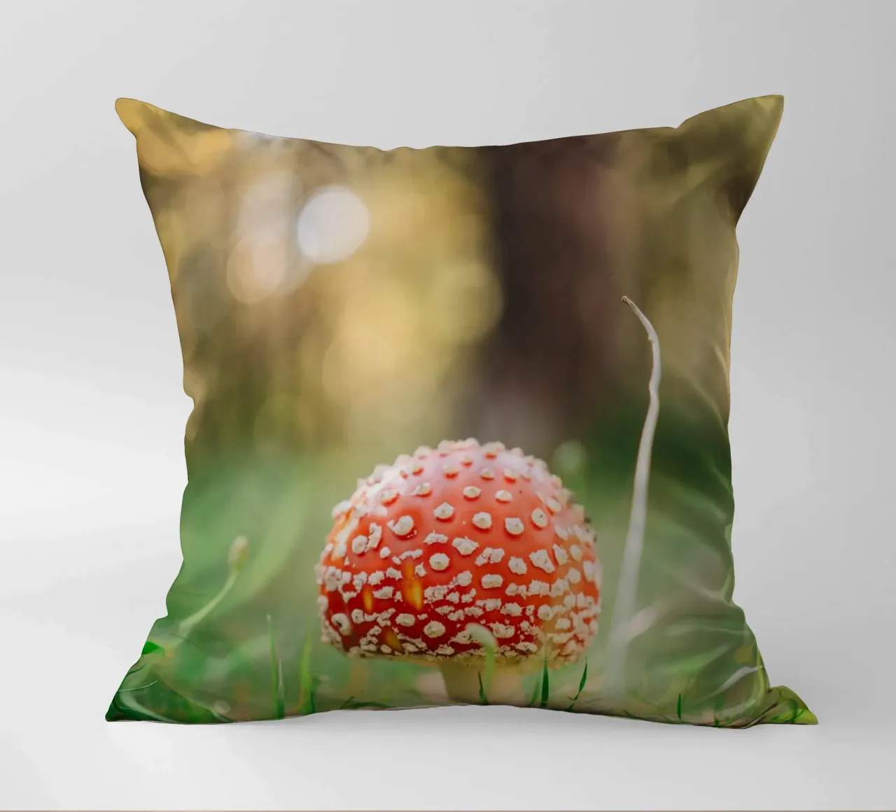 Fly agaric in the forest - mushroom photography in autumn decorative cushion by Bold and Retro