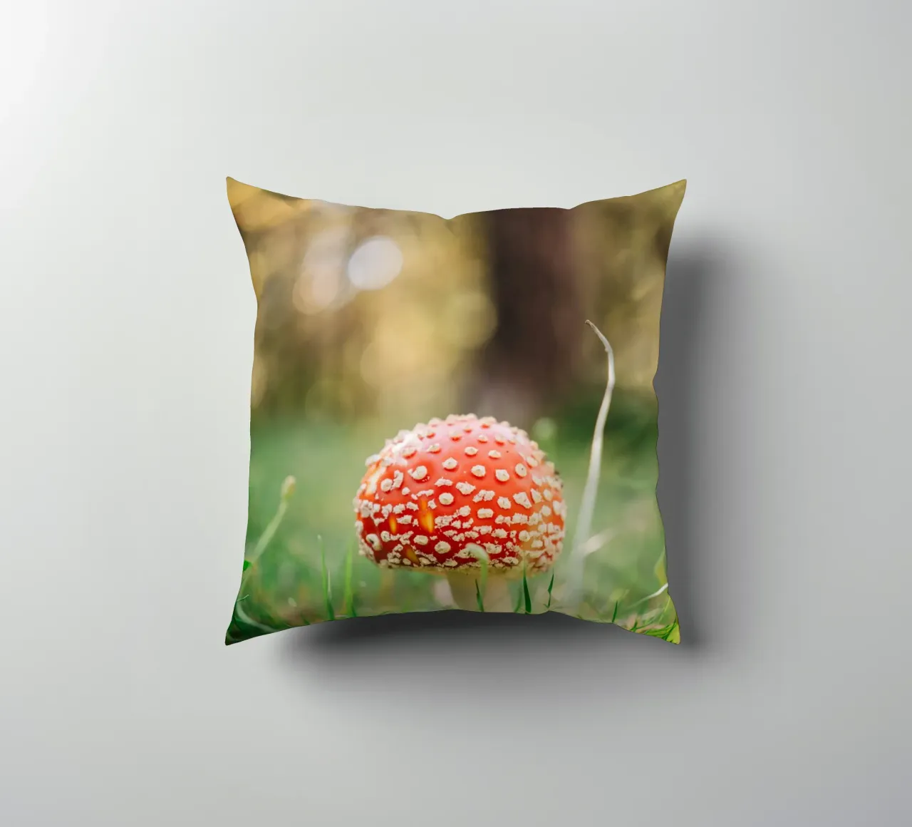 Fly agaric in the forest - mushroom photography in autumn decorative cushion by Bold and Retro