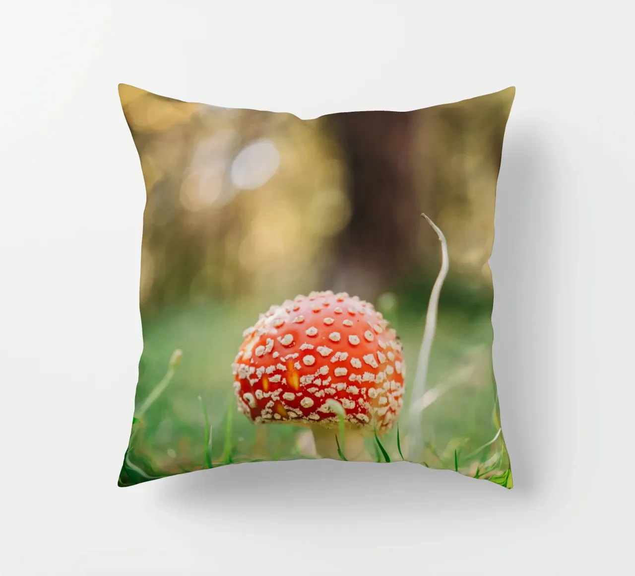 Fly agaric in the forest - mushroom photography in autumn decorative cushion by Bold and Retro