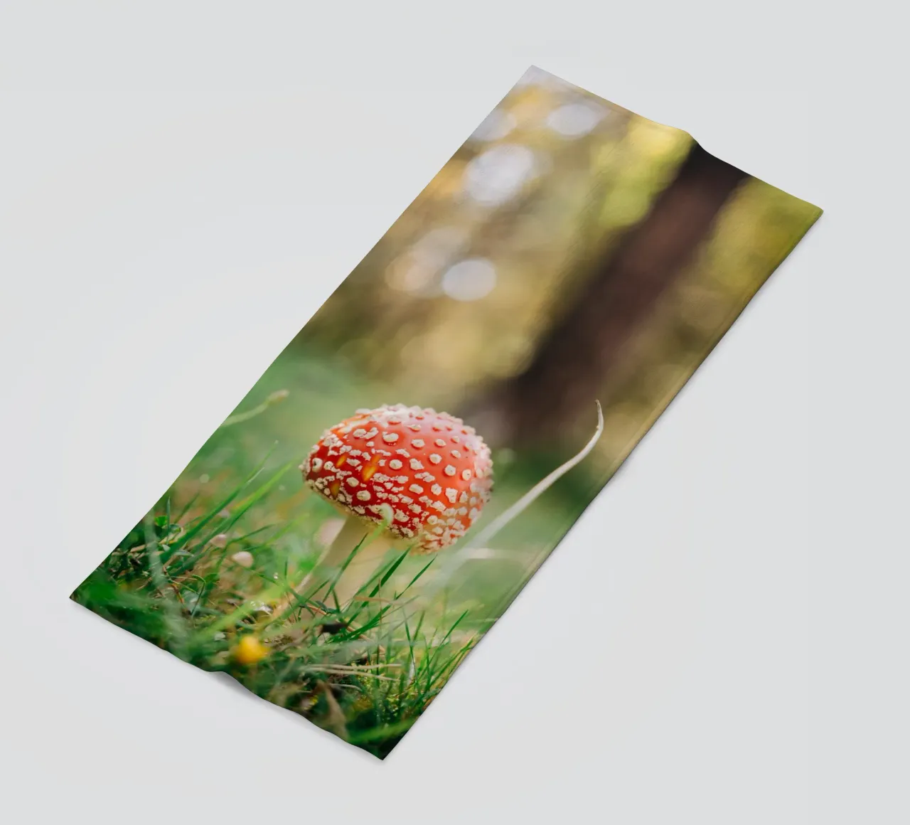 Fly agaric in the forest - mushroom photography in autumn beach towel by Bold and Retro