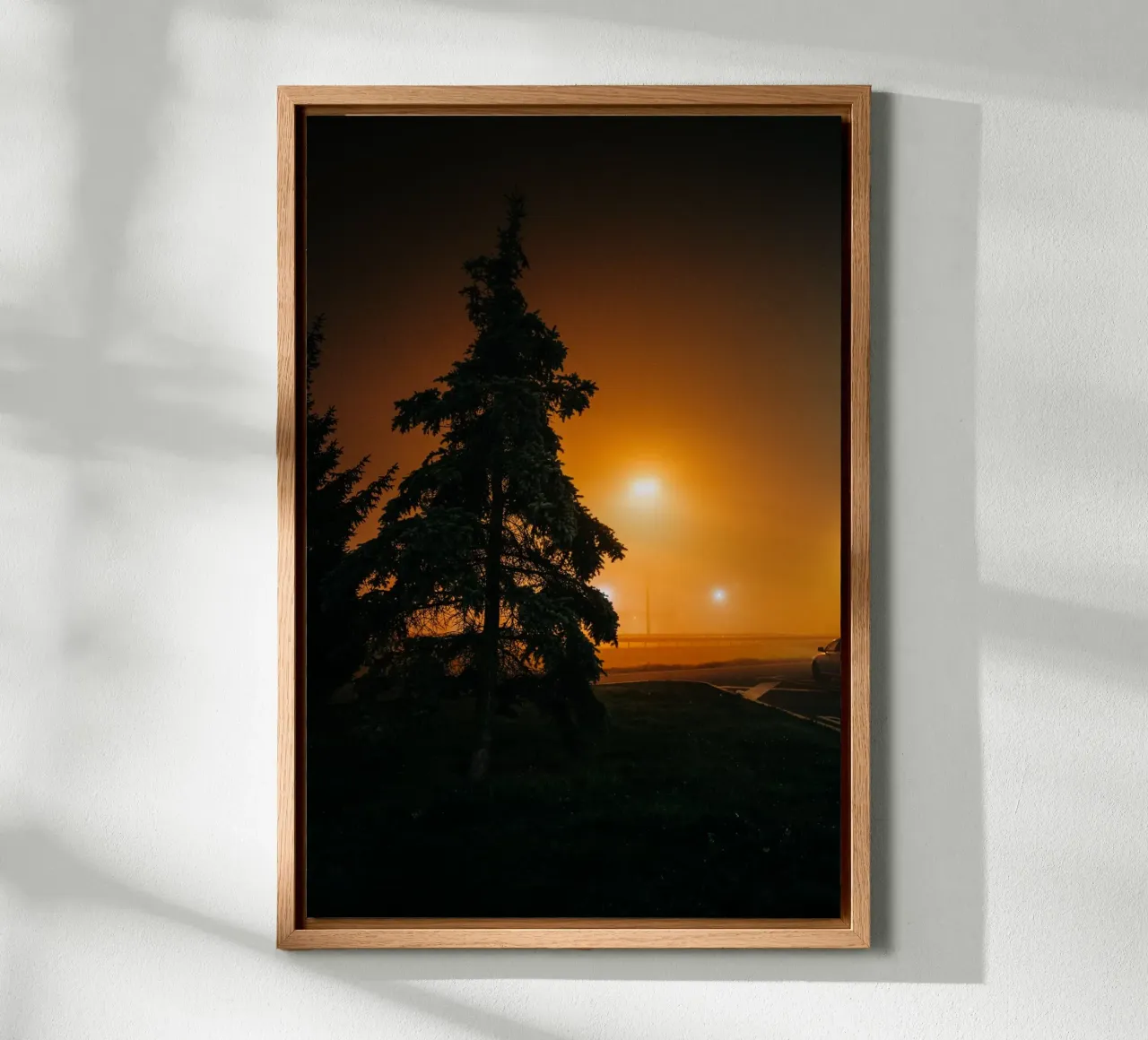 Fog photo, gloomy & moody atmosphere on motorway car park canvas with Floater frame by Bold and Retro