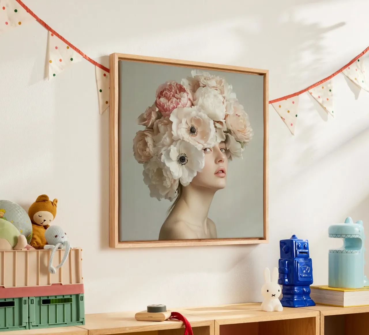 Giovane ragazza con fiori sulla testa tela con Cornice a cassetta da Modern Muse