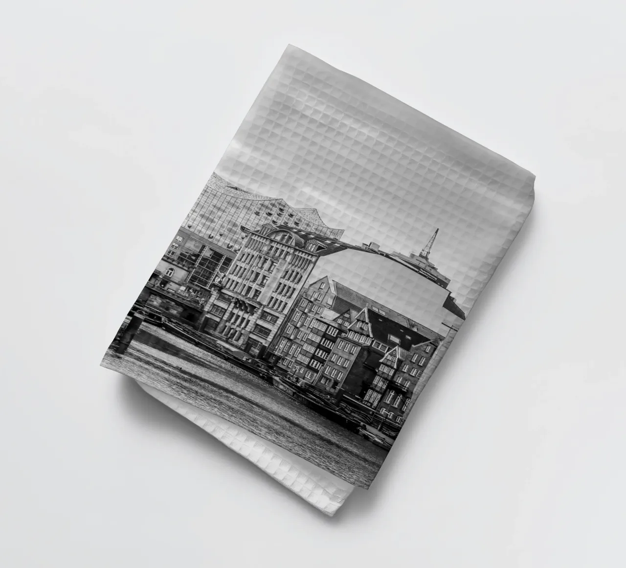 Contrastes de Hamburgo: Speicherstadt y sala de conciertos Elbphilharmonie paño de cocina de Anja Hebrank Photography