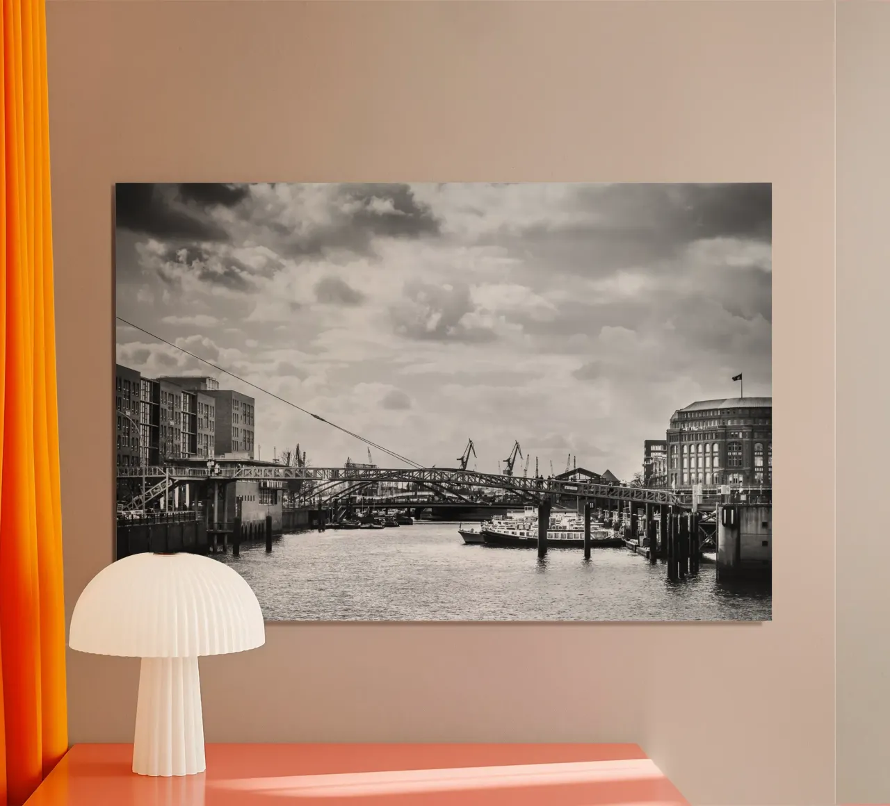 Bridge view in Hamburg's harbour poster with wooden frame by Anja Hebrank Photography