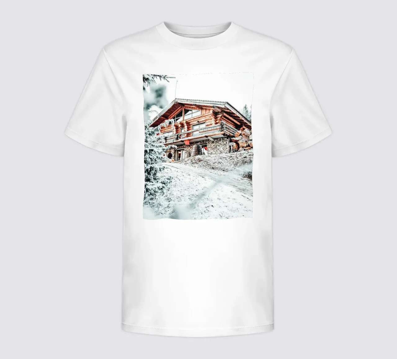Idyllic winter mountain hut kids t-shirt by Whole©
