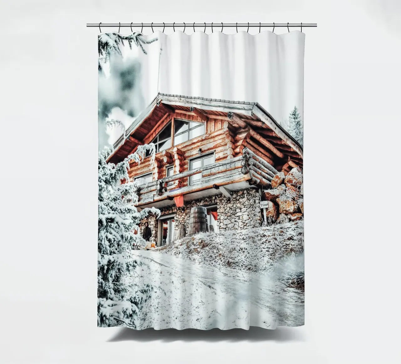 Refuge de montagne hivernal Idylle de la nature rideau de douche de Whole©