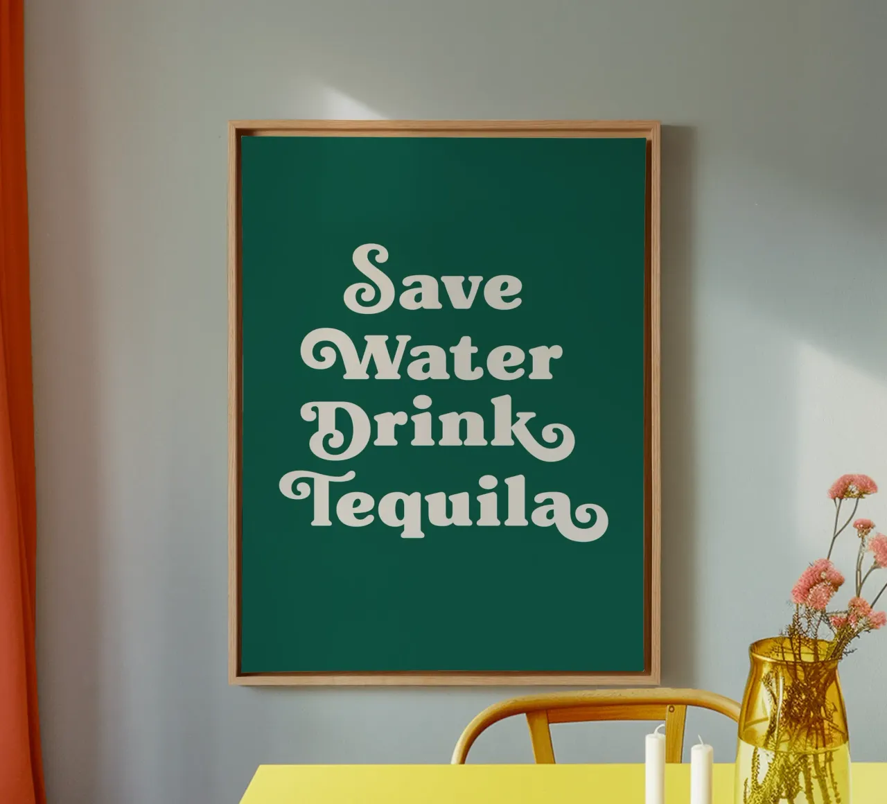 Save water drink tequila (green tone) canvas met Baklijst van Paigaam Studio