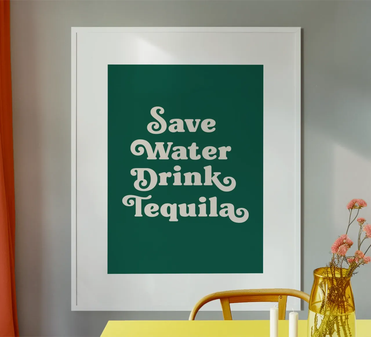 Risparmiare acqua bere tequila (tono verde) poster con telaio in alluminio da Paigaam Studio