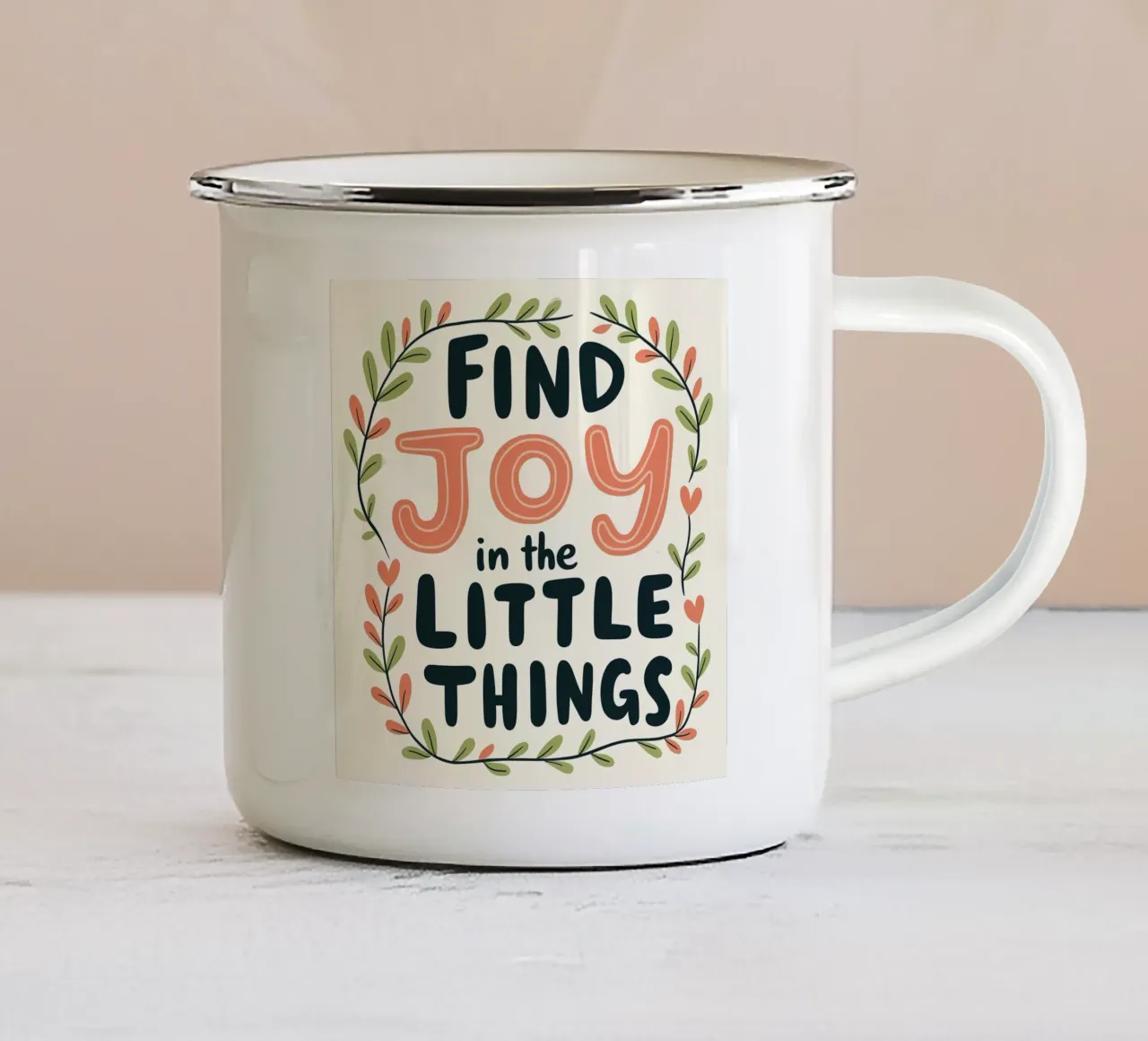 Vreugde vinden in de kleine dingen emaille mok van inspirational quote