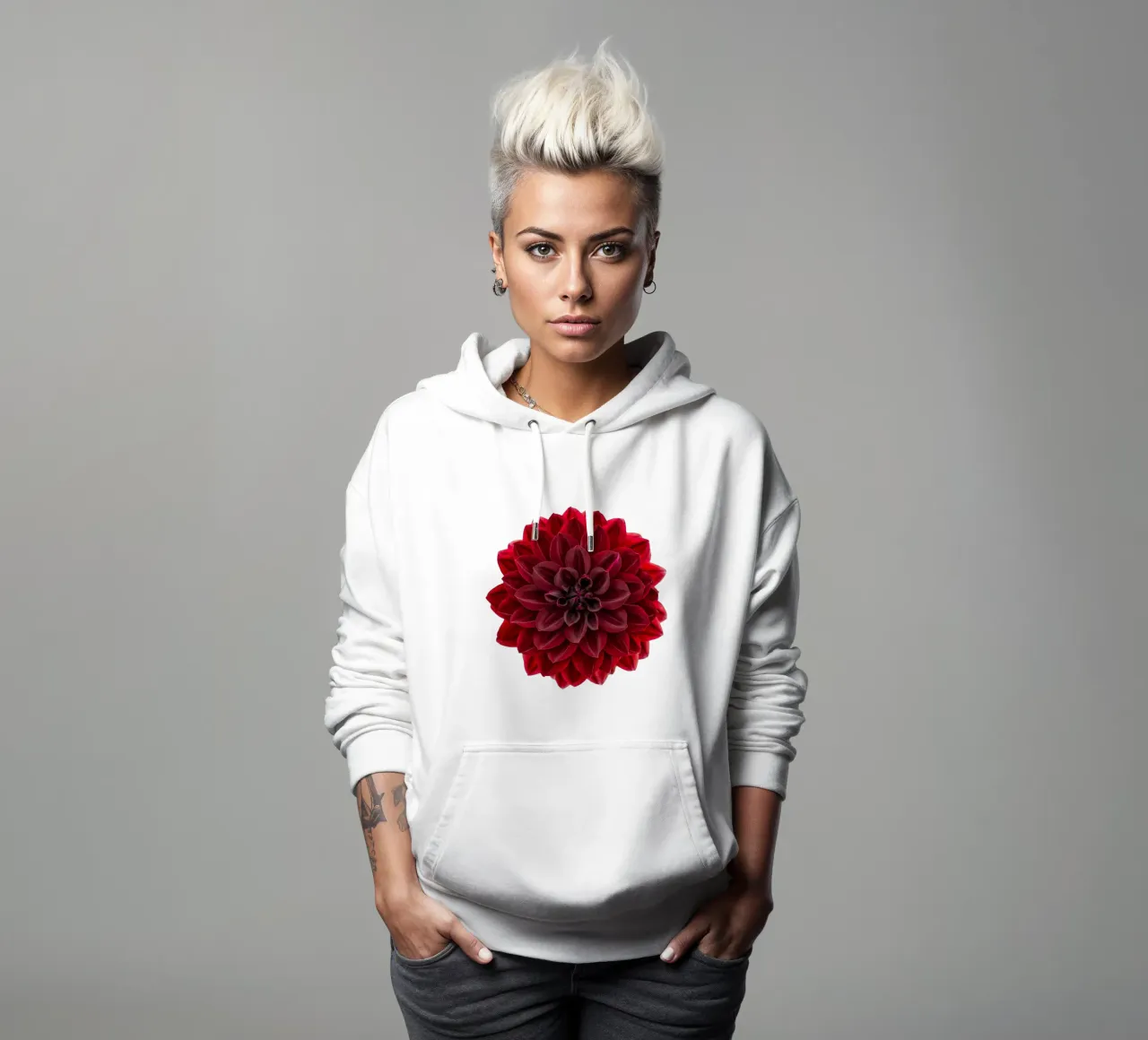 L'eleganza ridefinita: Dahlia rosso intenso di grande effetto felpa con cappuccio da Curious Collections by Marielle Leenders