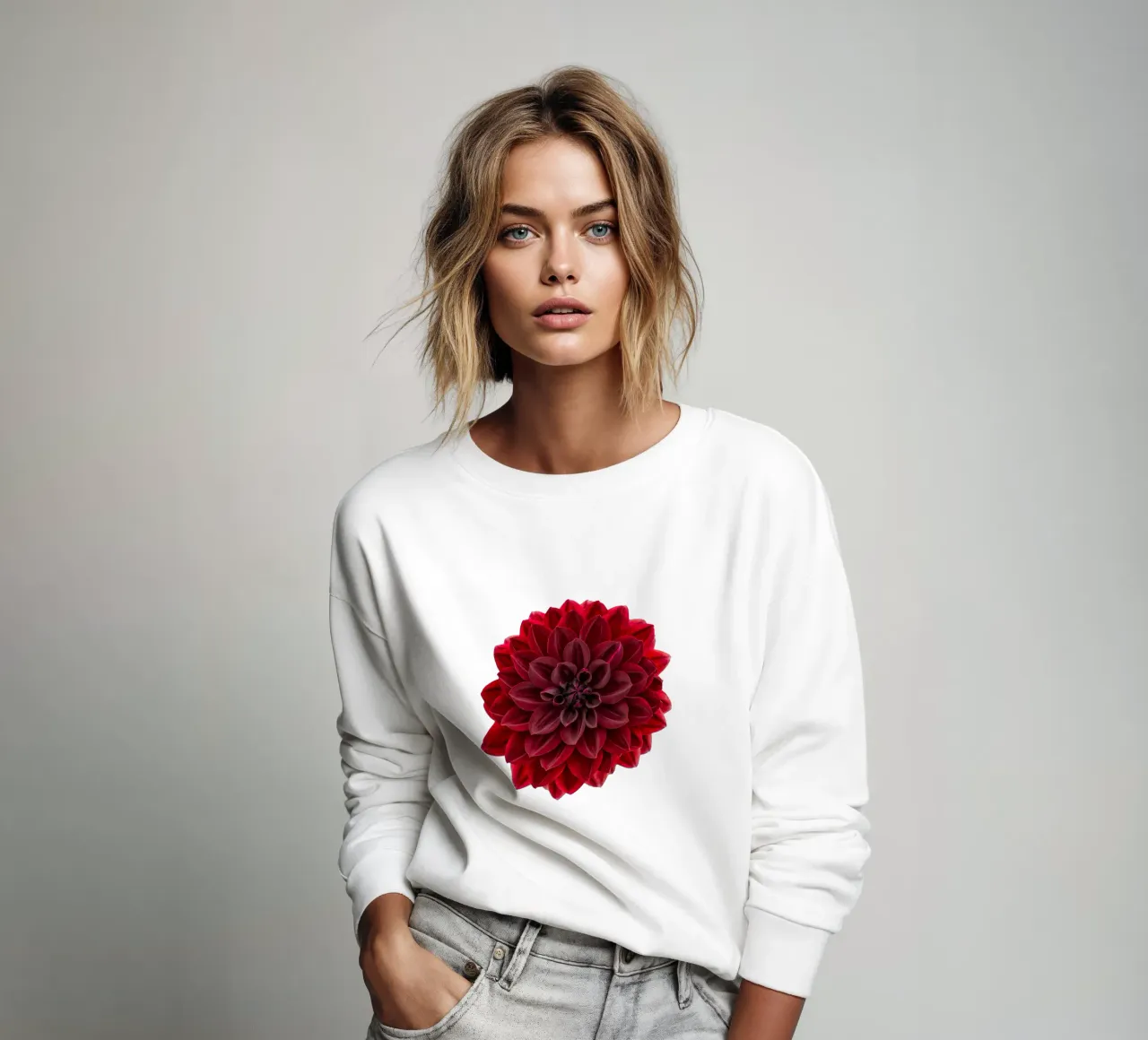 Elegance Redefined: Striking Deep Red Dahlia sweatshirt by Curious Collections by Marielle Leenders