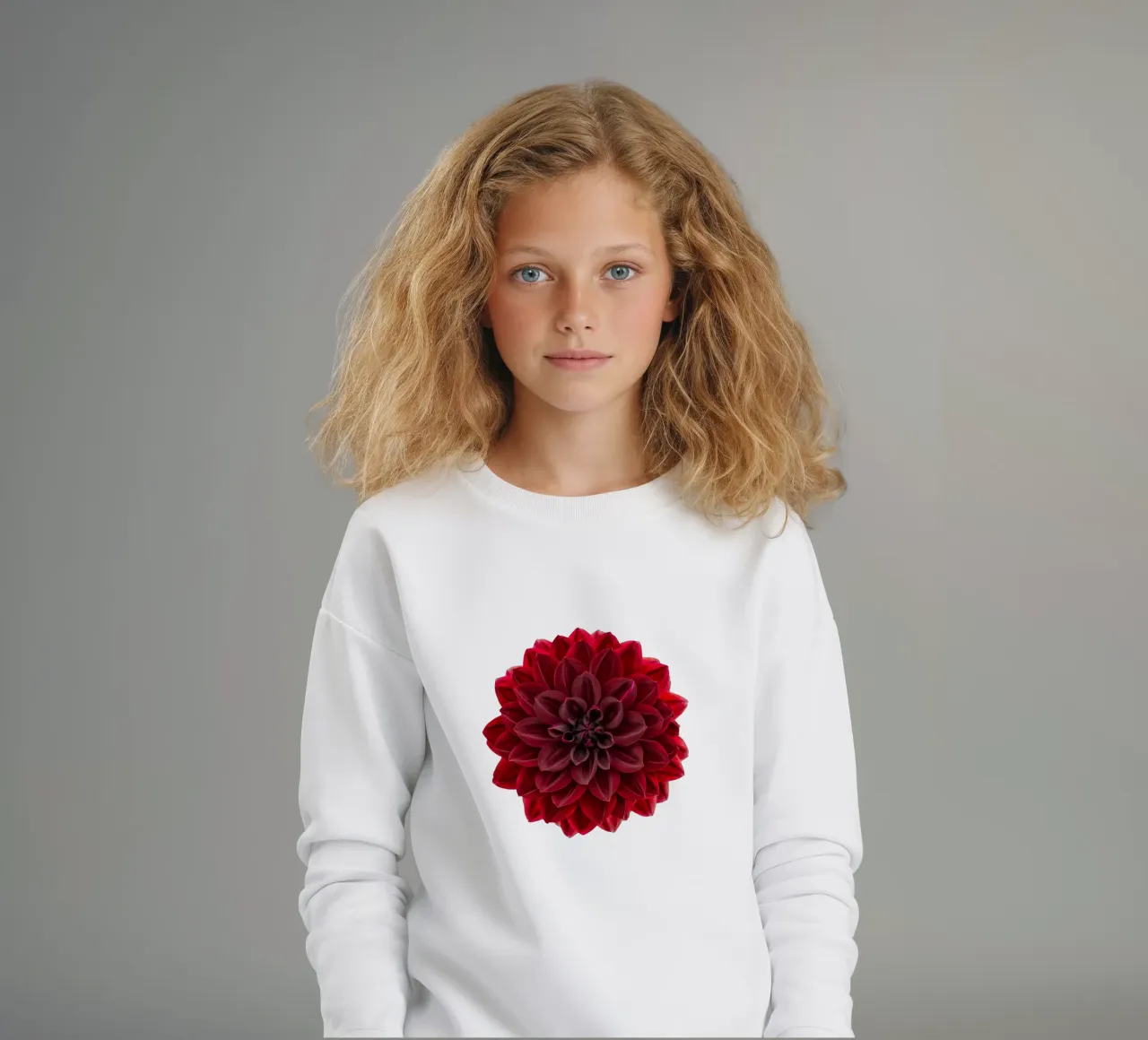 L'eleganza ridefinita: Dahlia rosso intenso di grande effetto felpa bambino da Curious Collections by Marielle Leenders