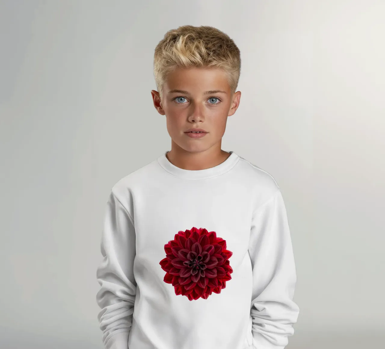 L'eleganza ridefinita: Dahlia rosso intenso di grande effetto felpa bambino da Curious Collections by Marielle Leenders