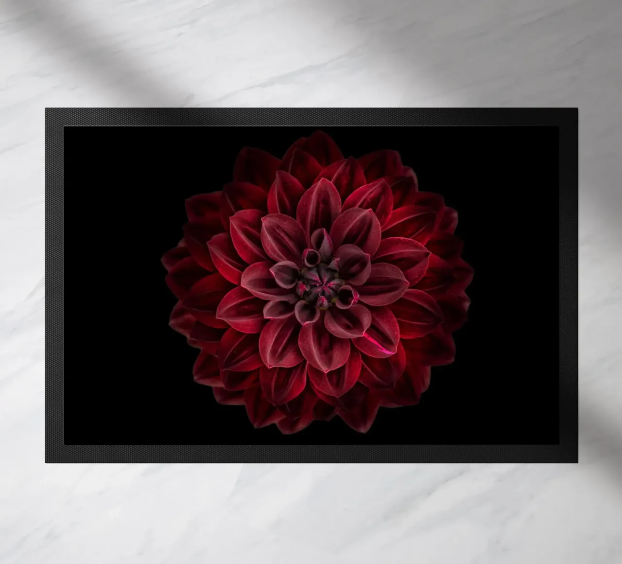 Elegance Redefined: Striking Deep Red Dahlia doormat by Curious Collections by Marielle Leenders