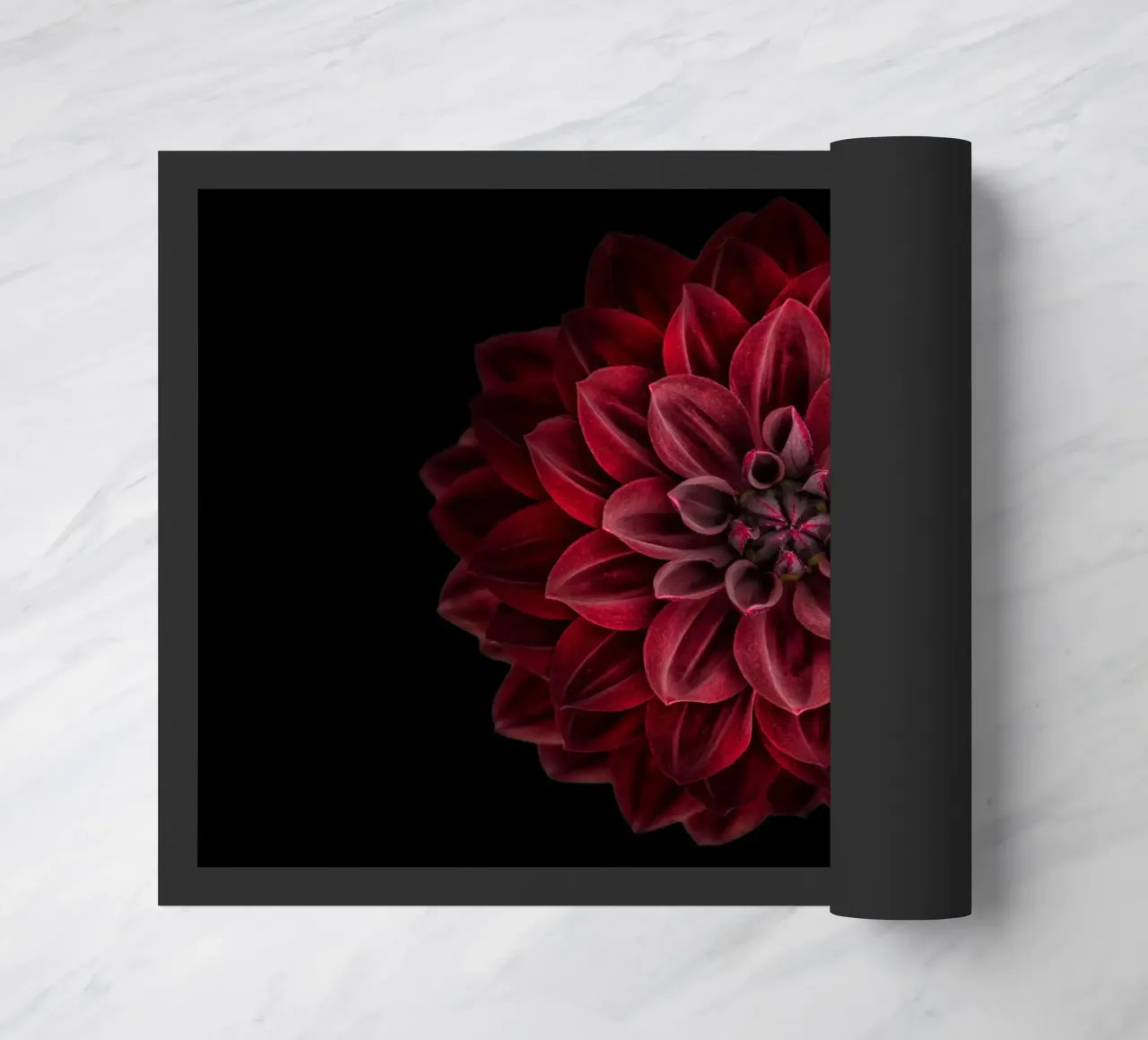 Elegance Redefined: Striking Deep Red Dahlia doormat by Curious Collections by Marielle Leenders